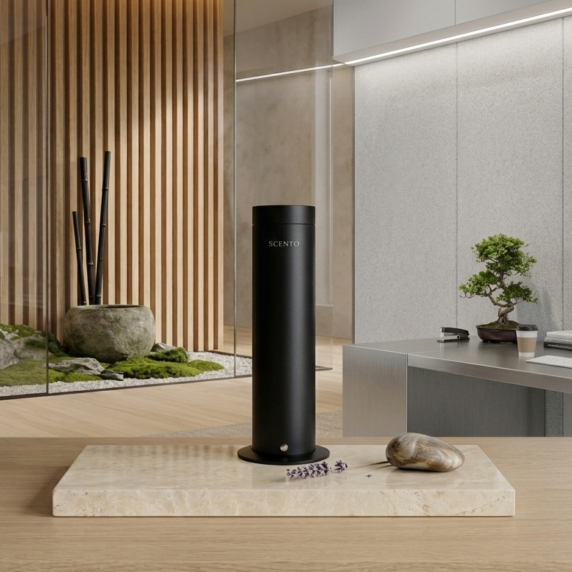 Scento Diffuser l device on a wooden surface with a modern interior background for home and business