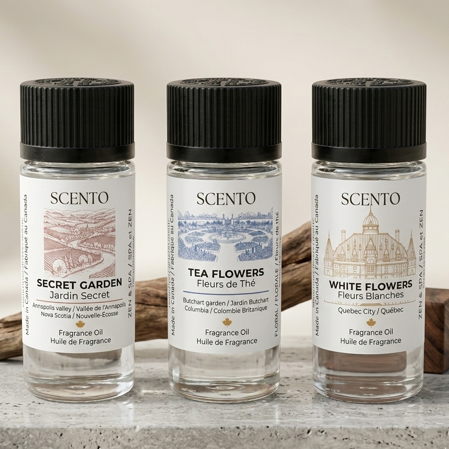 Three SCENTO fragrance oil bottles labeled 'Secret Garden', 'Tea Flowers', and 'White Flowers' on a neutral background.